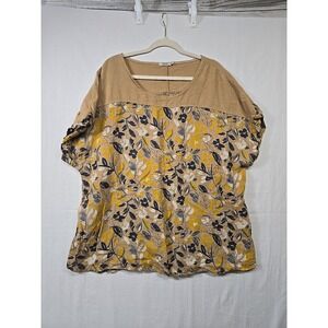 Lungo L'arno Linen Cotton Top Womens 3x Tan Blue Yellow‎ Floral Short Sleeve